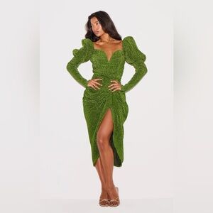 GREEN PLISSE PUFF SLEEVE V BAR DRAPED MIDI DRESS
